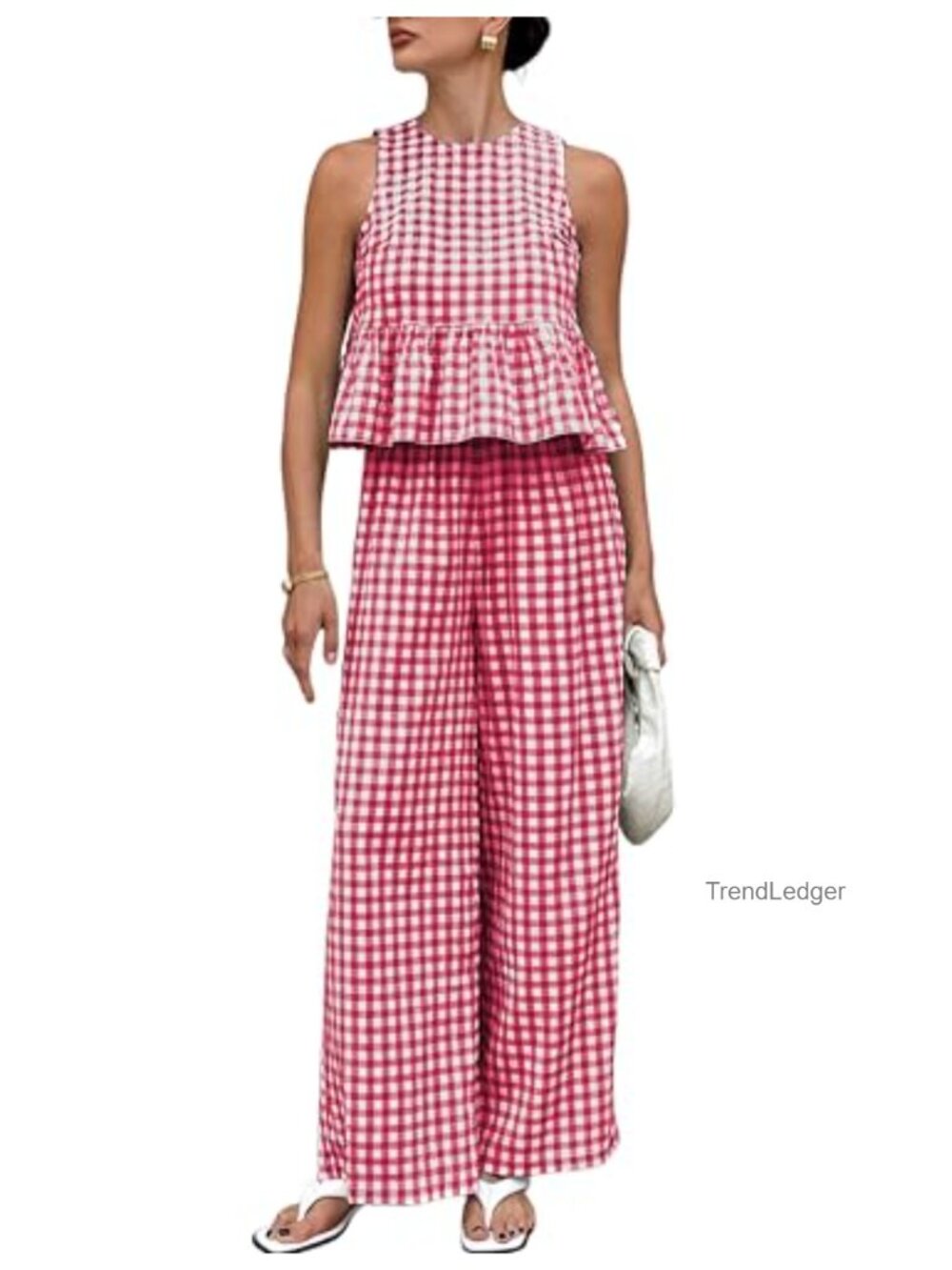 Cotton 2 Piece Set Gingham Plaid Tank Top Wide Leg Pants Lounge